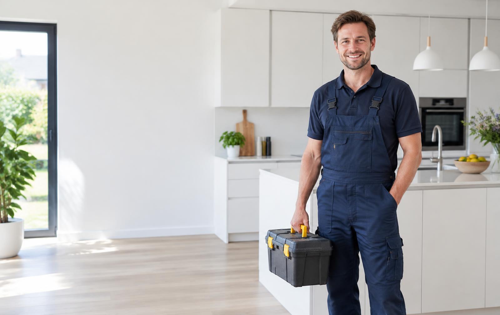 Vakman met gereedschapskist in een lichte keuken